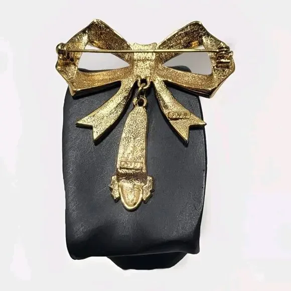 JJ Jonette Gold tone Ribbon Bow Rhinestone Ballet Slipper Vintage Signed Brooch - Picture 3 of 6